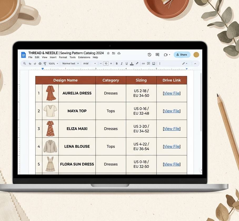 Interactive Google Doc catalog with thumbnail previews and download links