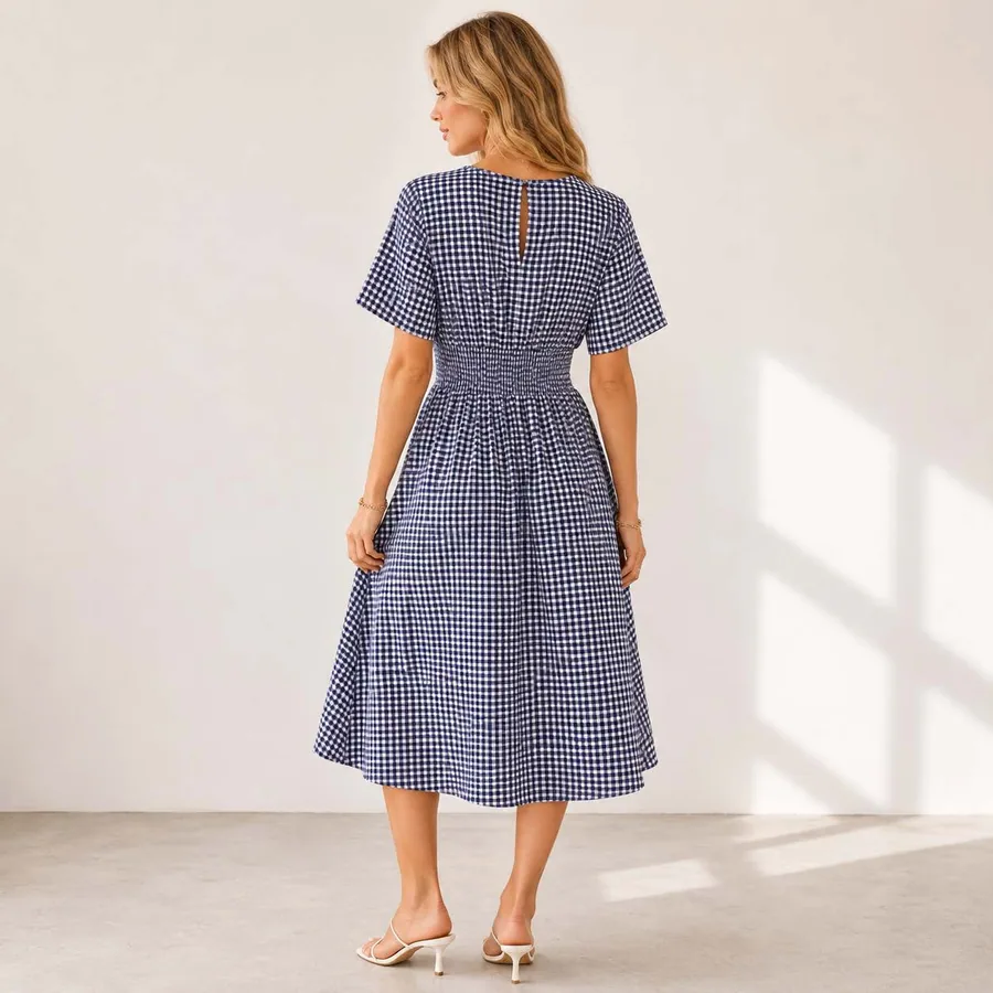 A-Line Dress PDF sewing pattern: shirred-waist gingham midi, back view