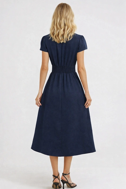 Aurora Dress PDF sewing pattern: v-neck gathered midi dress, back view