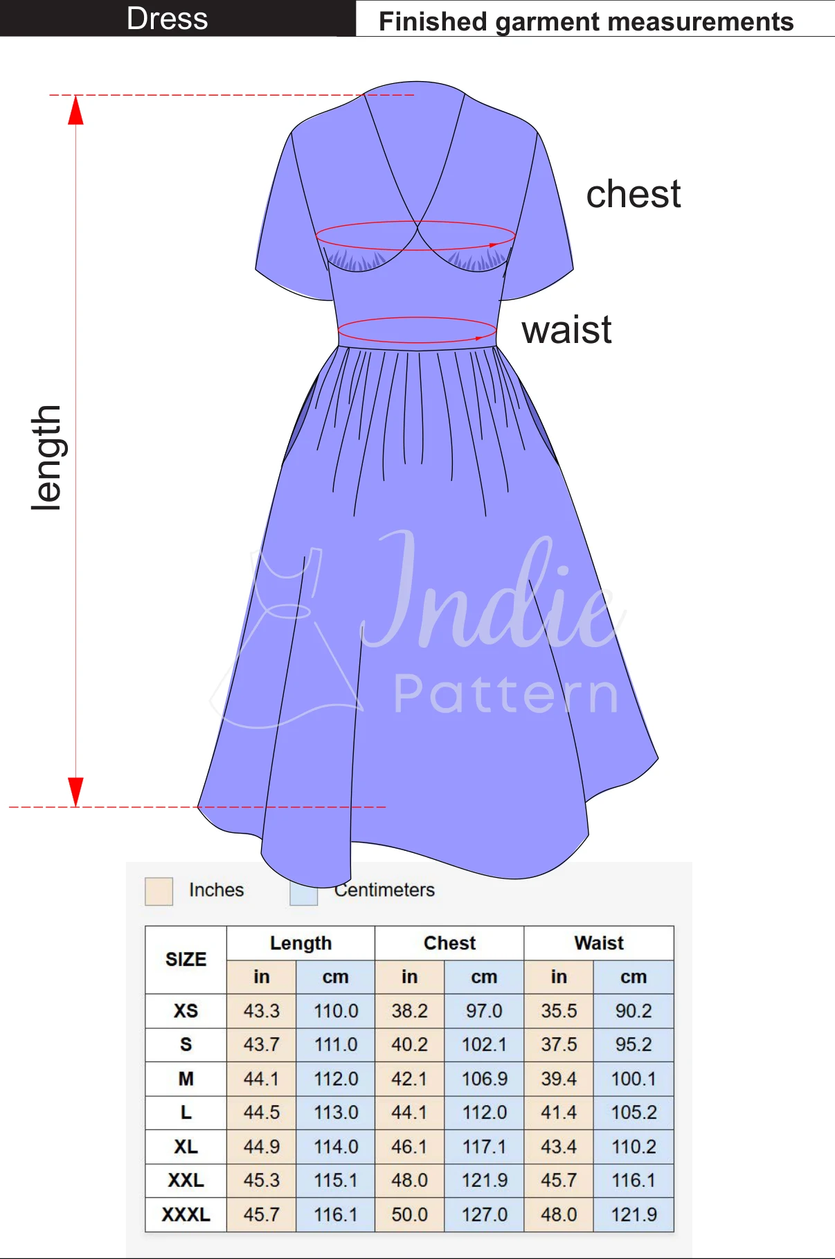 Body measurement chart for the Aurora Dress sewing pattern, in inches and centimetres