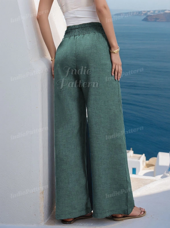 Ava Pants PDF sewing pattern: shirred waist wide-leg trousers, back view
