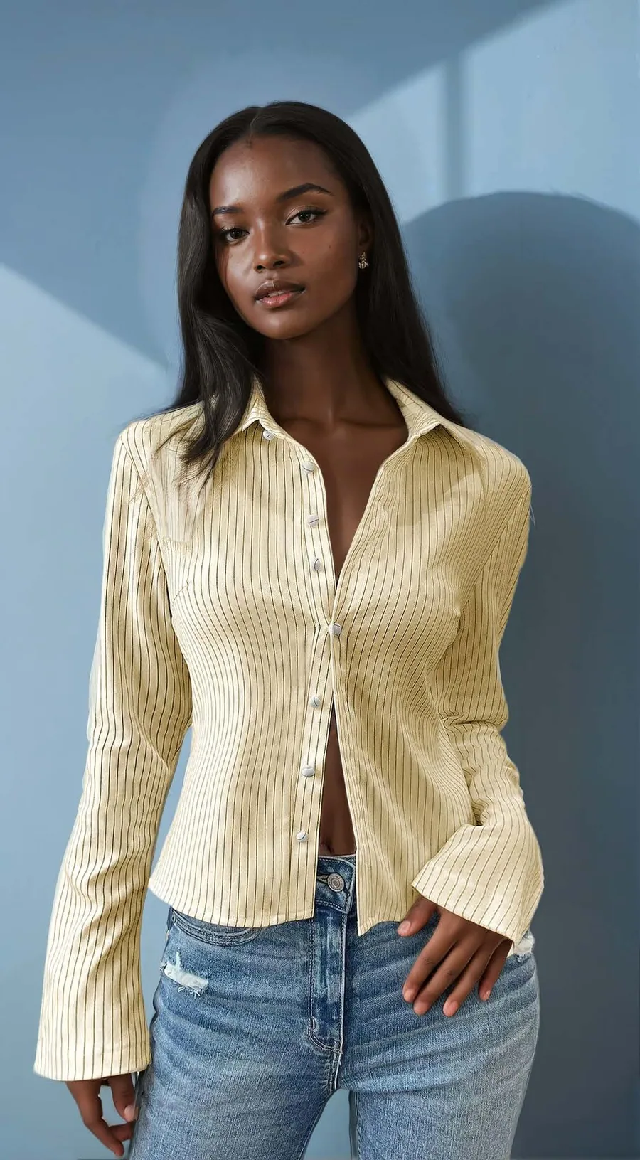 Bell Sleeves Shirt PDF sewing pattern: bell sleeve pinstripe shirt, view 3 of 3