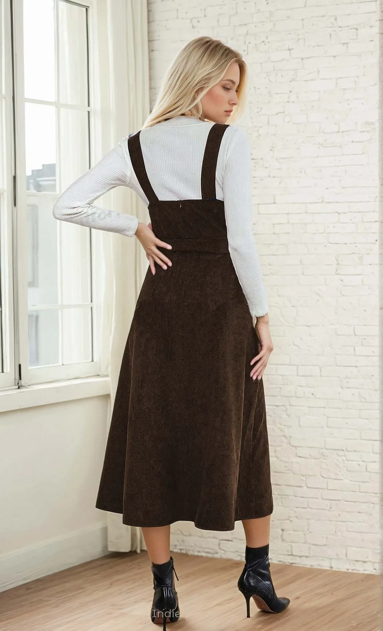 Belted Dress PDF sewing pattern: belted corduroy pinafore, back view