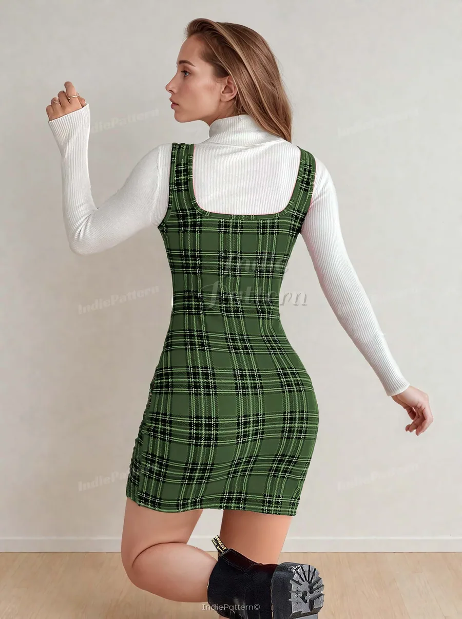 BodyCon Dress PDF sewing pattern: plaid bodycon pinafore, back view