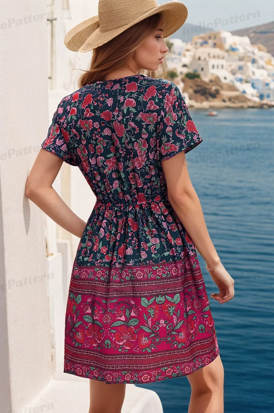 Boho Dress PDF sewing pattern: wrap-front boho dress, back view