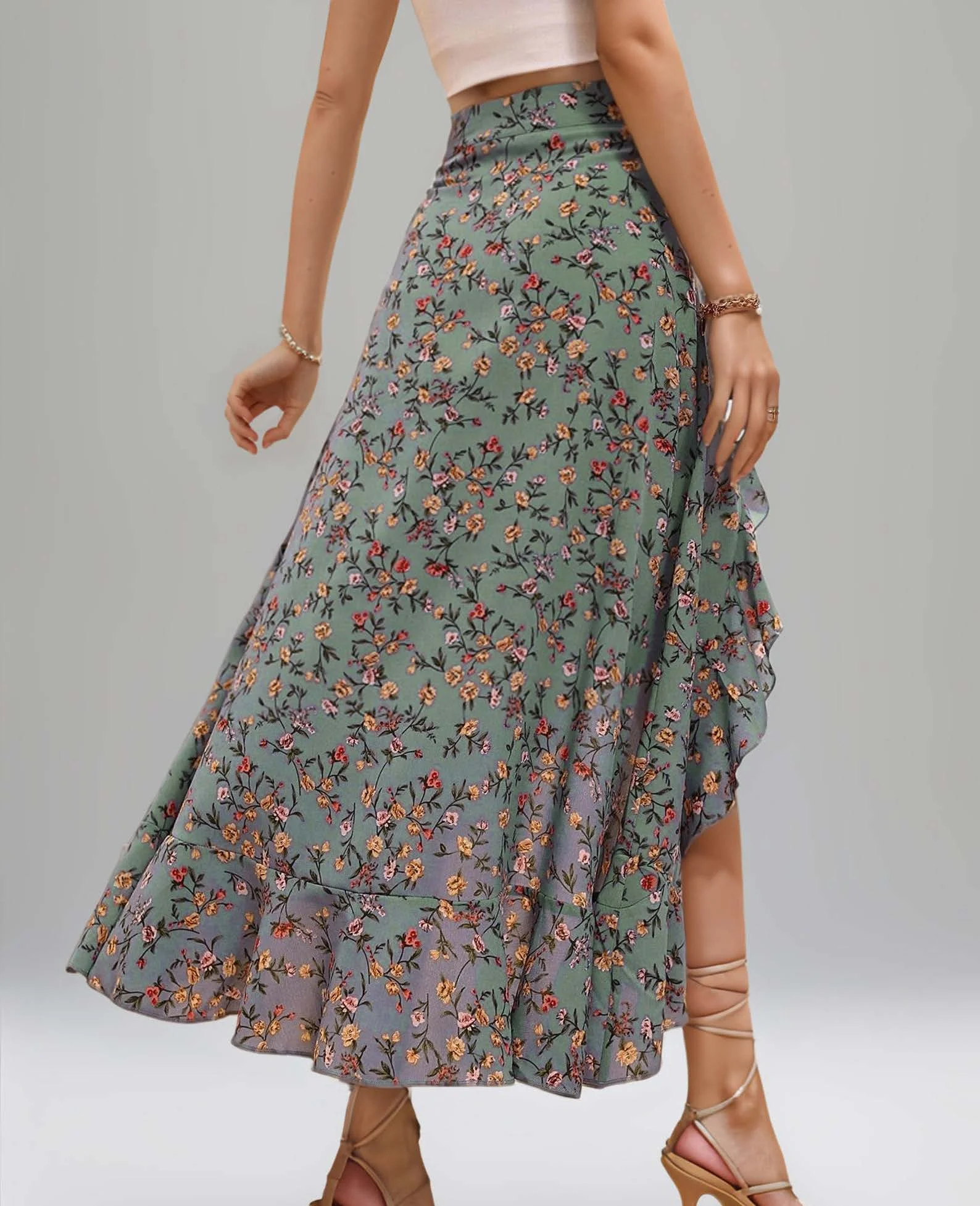 Boho Skirt PDF sewing pattern: ruffled high-low midi skirt, back view