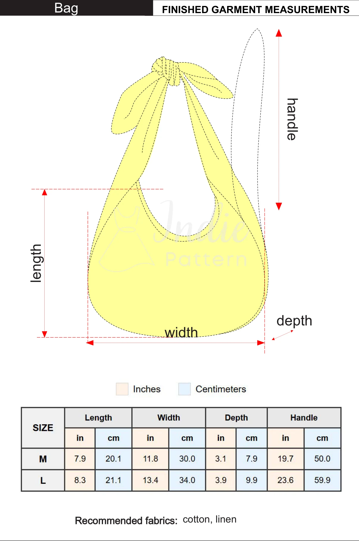Body measurement chart for the Bucket Bag sewing pattern, in inches and centimetres