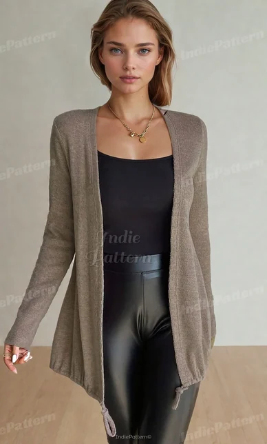 Cardigan PDF sewing pattern: drawstring hem cardigan, front view