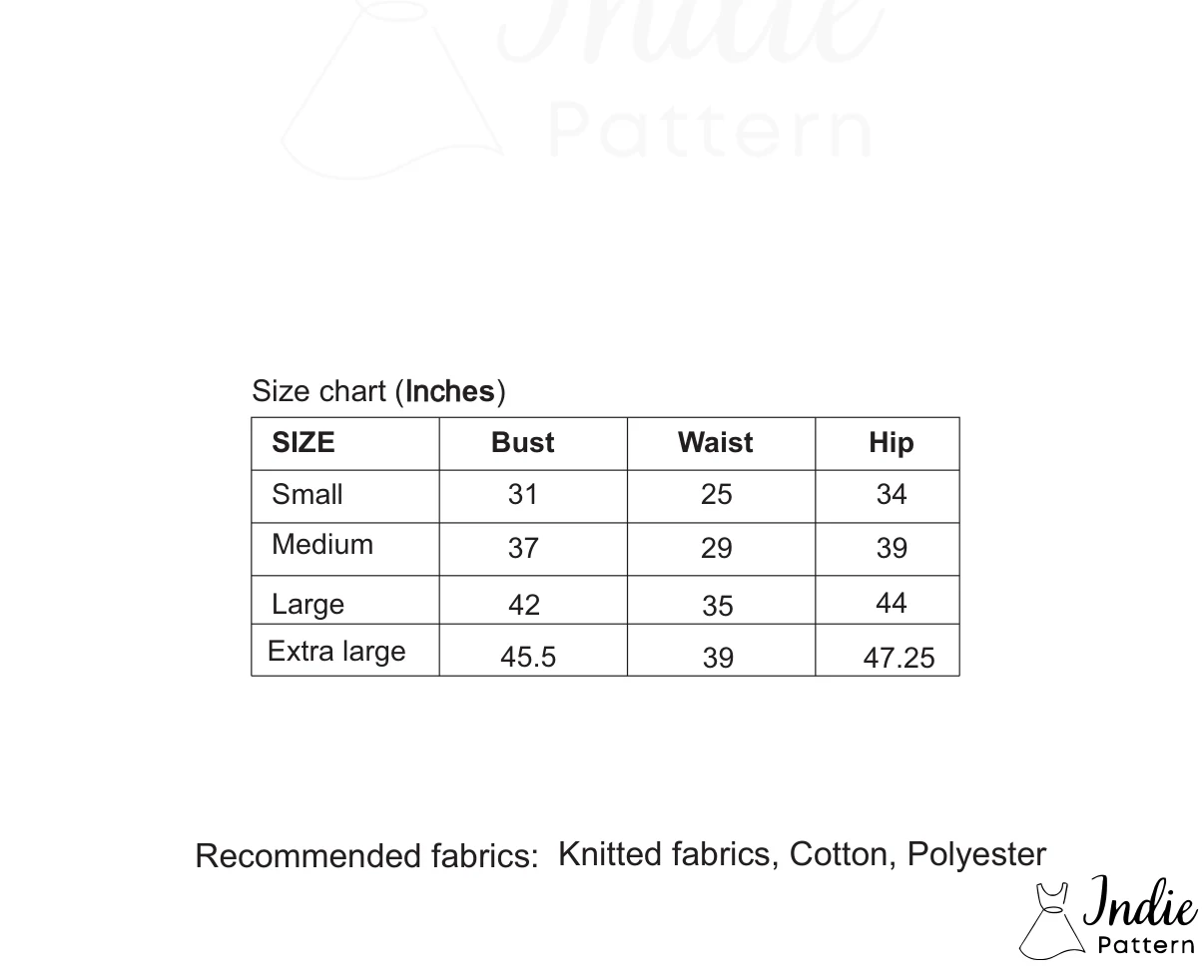 Body measurement chart for the Casual dress sewing pattern, in inches and centimetres