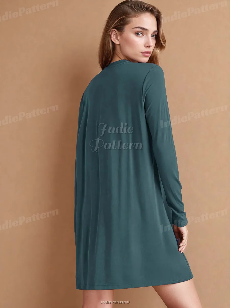 Casual dress PDF sewing pattern: long-sleeved swing dress, back view