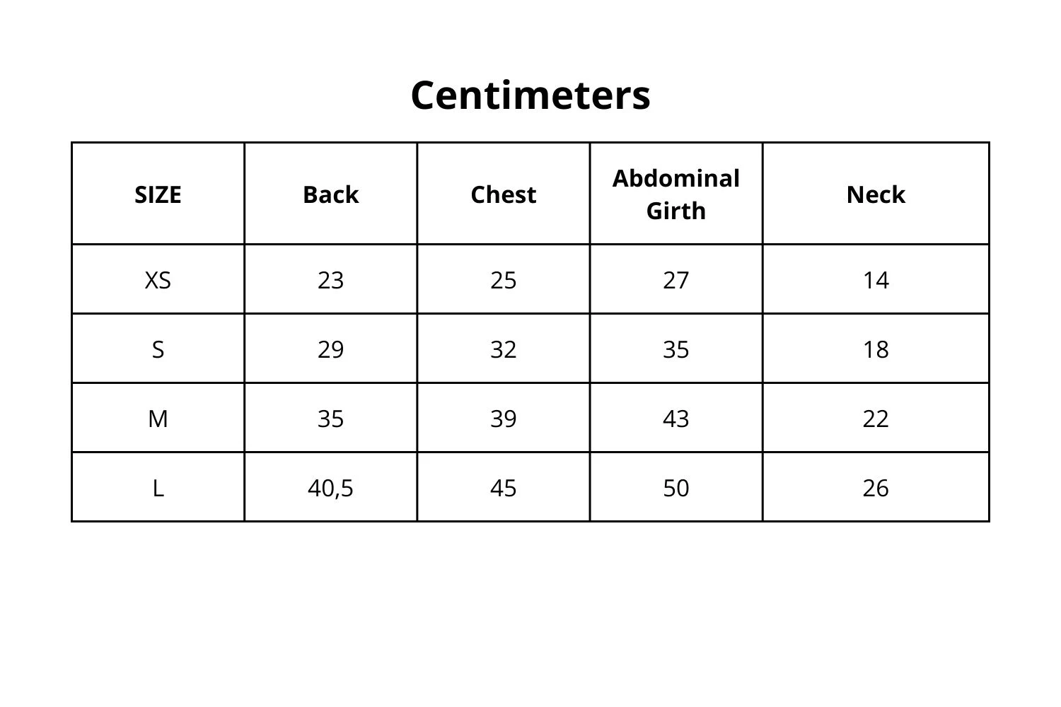 Body measurement chart for the Cat Hoodie sewing pattern, in inches and centimetres