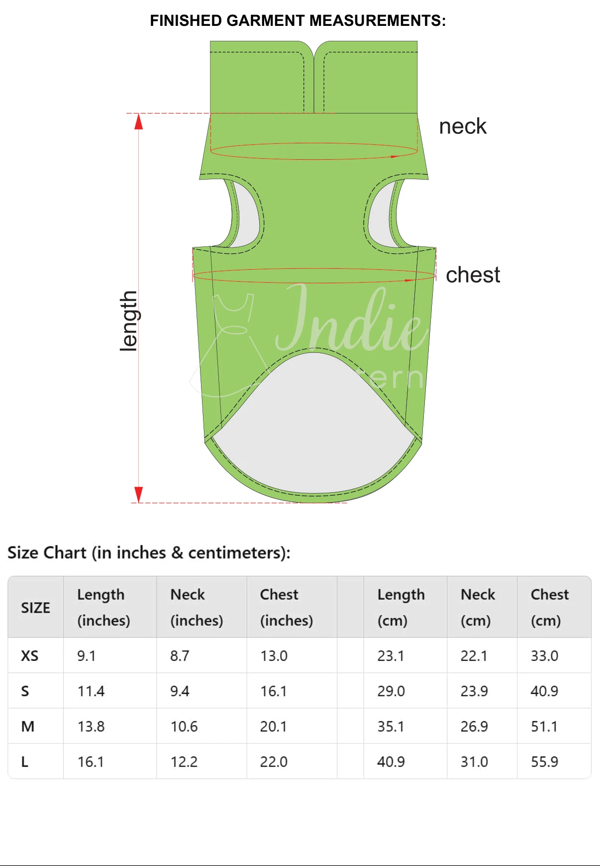 Body measurement chart for the Cat Top sewing pattern, in inches and centimetres