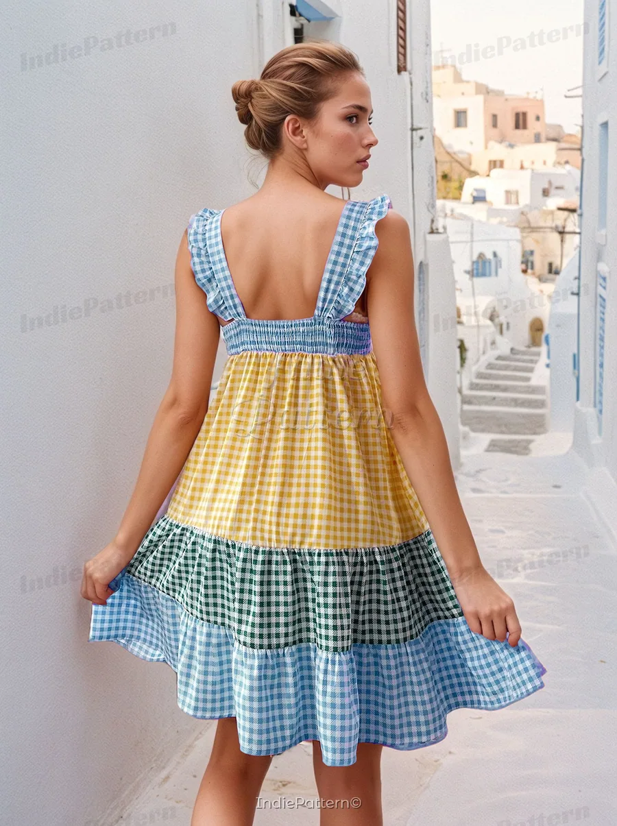 Chic Ruffled Dress PDF sewing pattern: tiered gingham dress, back view