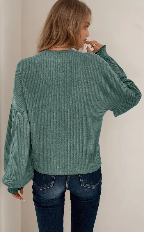 Clara Sweater PDF sewing pattern: balloon sleeve ribbed sweater, back view