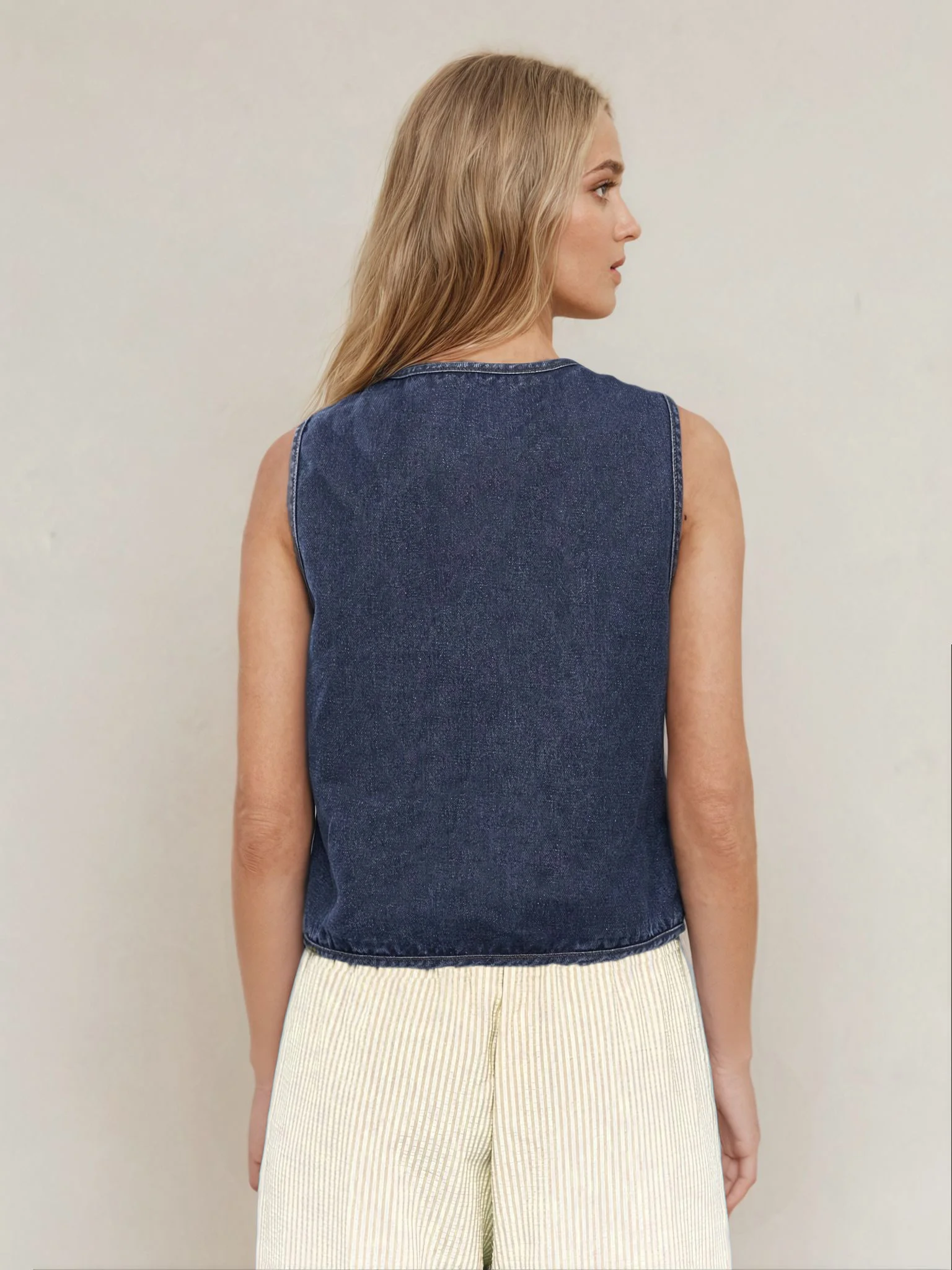 Claudia Top PDF sewing pattern: tie-front denim top, back view