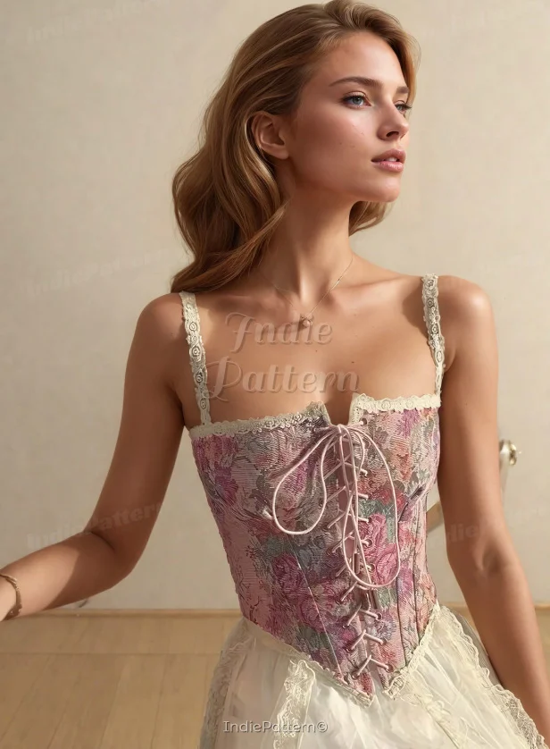 Corset PDF sewing pattern: laced tapestry corset, back view