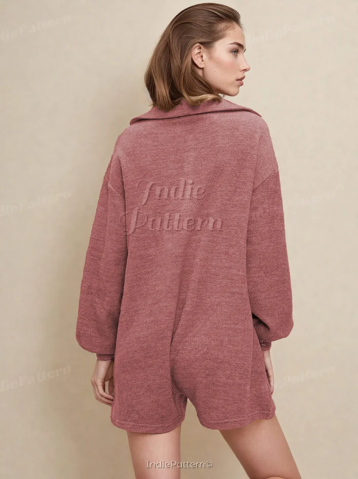 Cozy Playsuit PDF sewing pattern: collared knit playsuit, back view