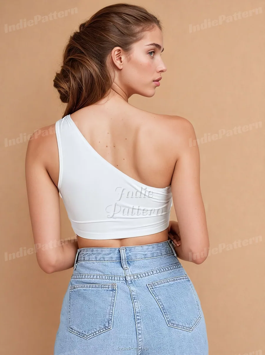 Crop Top PDF sewing pattern: one-shoulder knit crop, back view