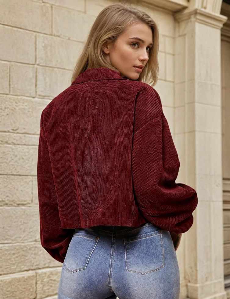 Denise Jacket PDF sewing pattern: cropped corduroy shirt jacket, back view