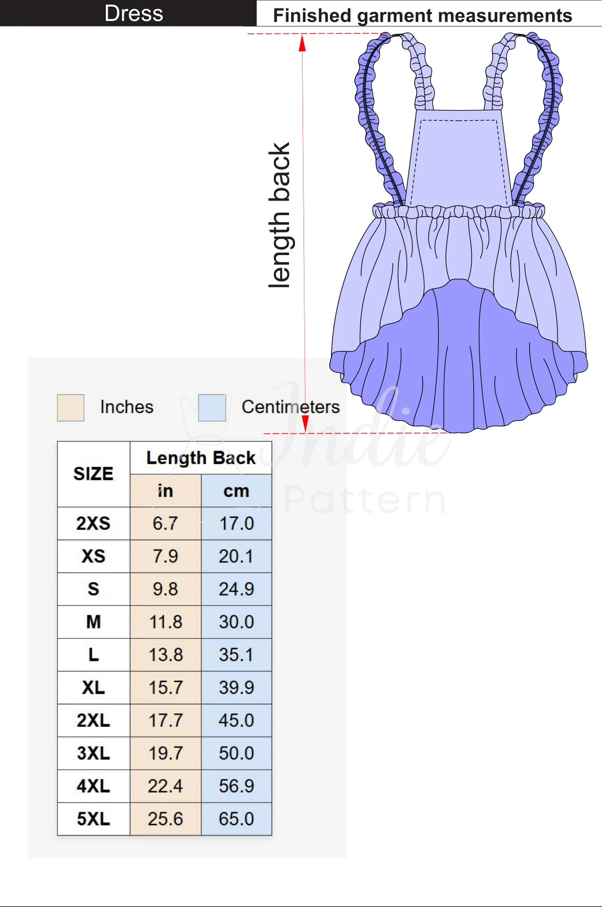 Body measurement chart for the Dog Dress sewing pattern, in inches and centimetres