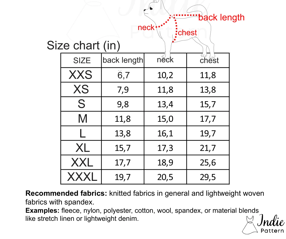 Body measurement chart for the Dog Shirt sewing pattern, in inches and centimetres
