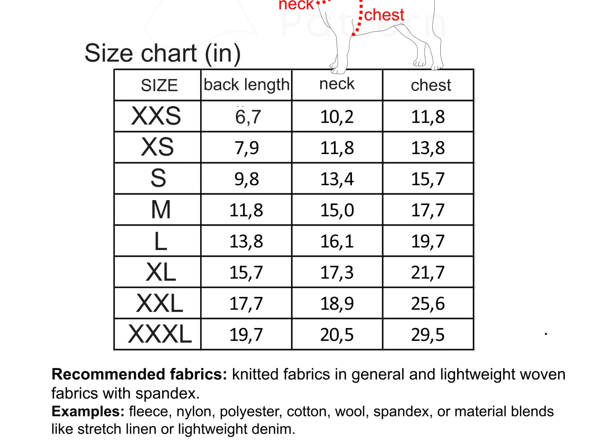 Body measurement chart for the Dog Shirt sewing pattern, in inches and centimetres