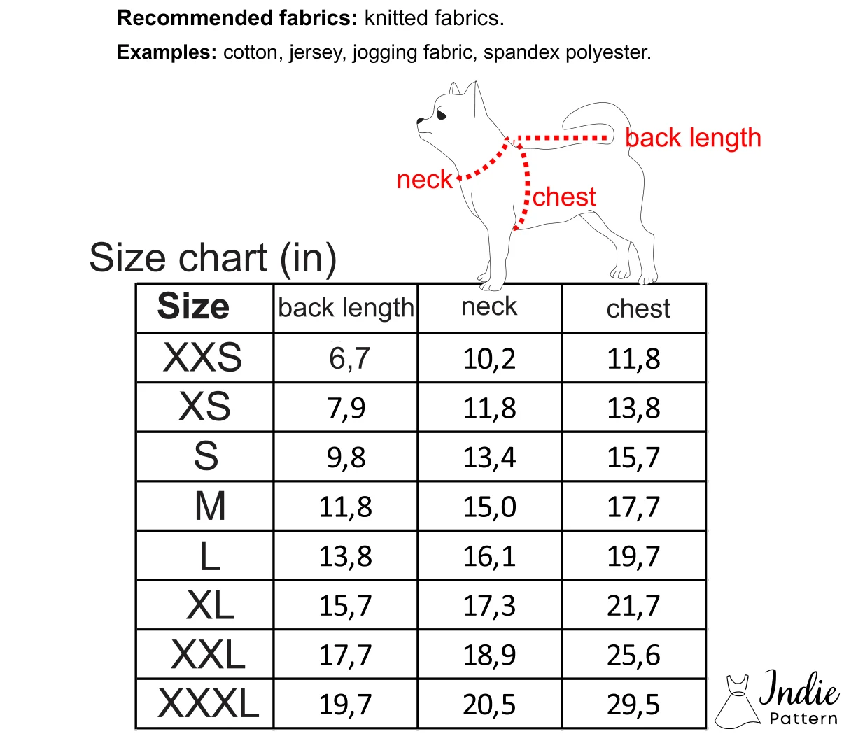 Body measurement chart for the Dog Tshirt sewing pattern, in inches and centimetres
