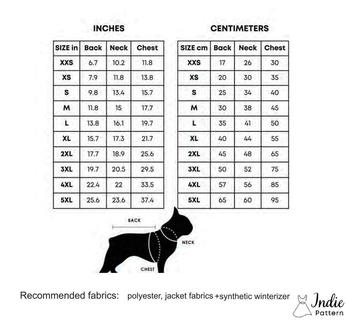Body measurement chart for the Dog Vest sewing pattern, in inches and centimetres