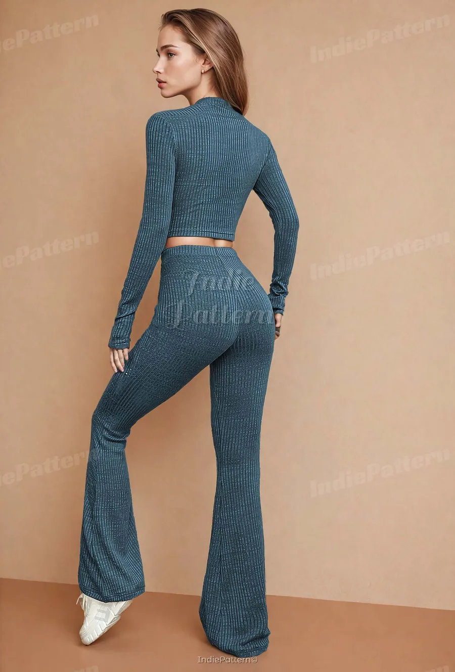 Flare Leg Pants PDF sewing pattern: ribbed flare trousers, back view