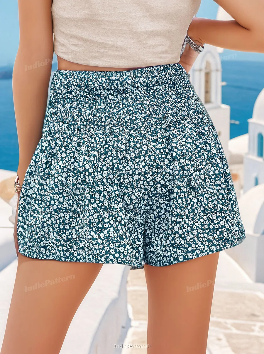 High Waist Shorts PDF sewing pattern: shirred flared shorts, back view