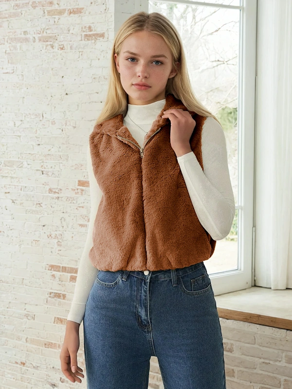 Hooded Vest PDF sewing pattern: hooded faux fur gilet, front view