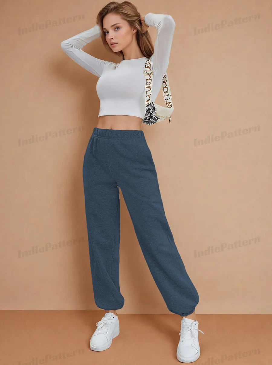 Joggers PDF sewing pattern: elastic-cuff joggers, front view