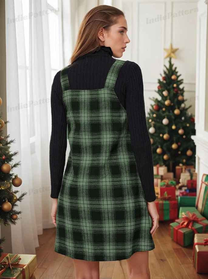 Jumper PDF sewing pattern: plaid pinafore dress, back view