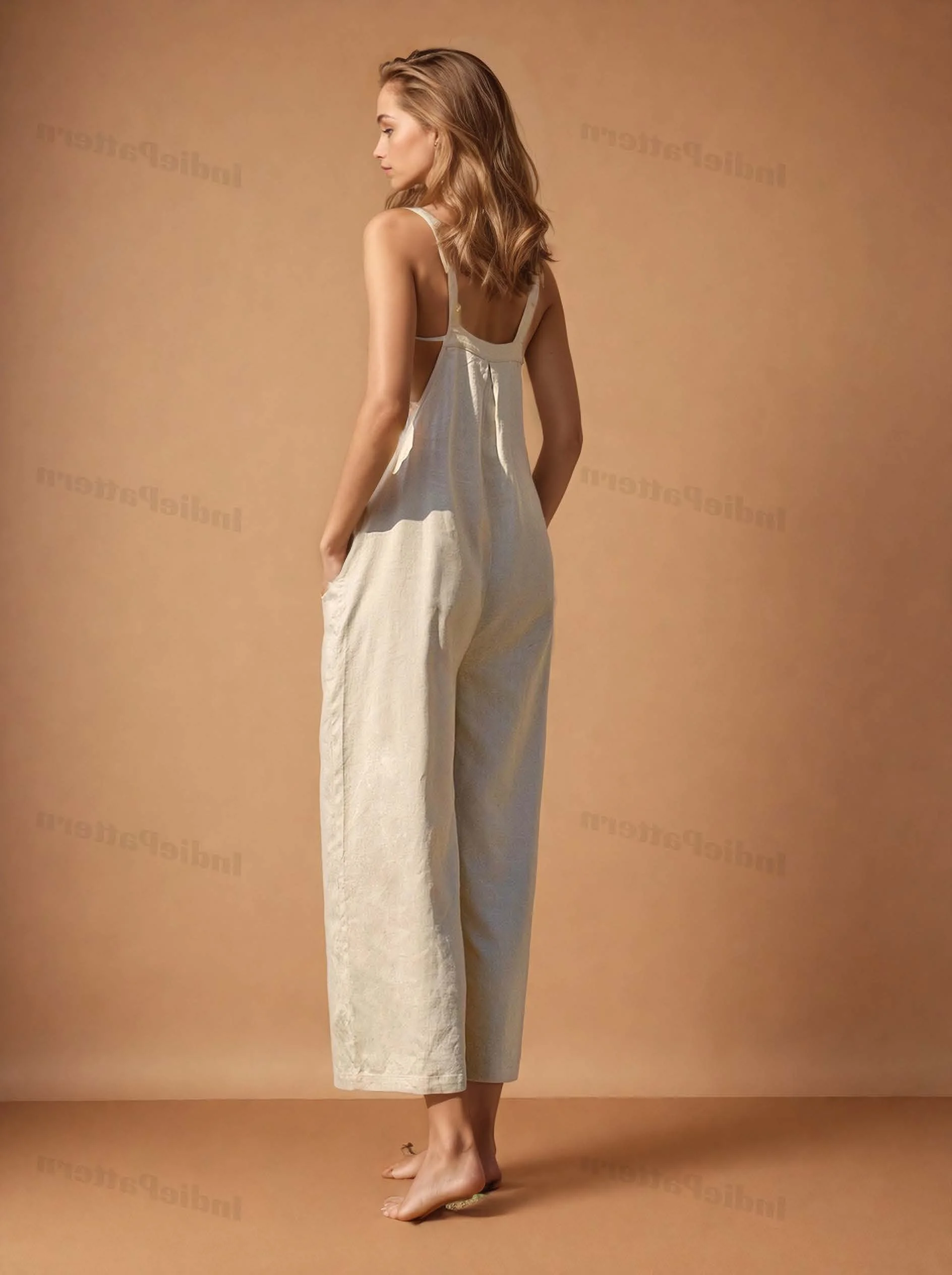 Jumpsuit PDF sewing pattern: wide-leg linen dungarees, back view