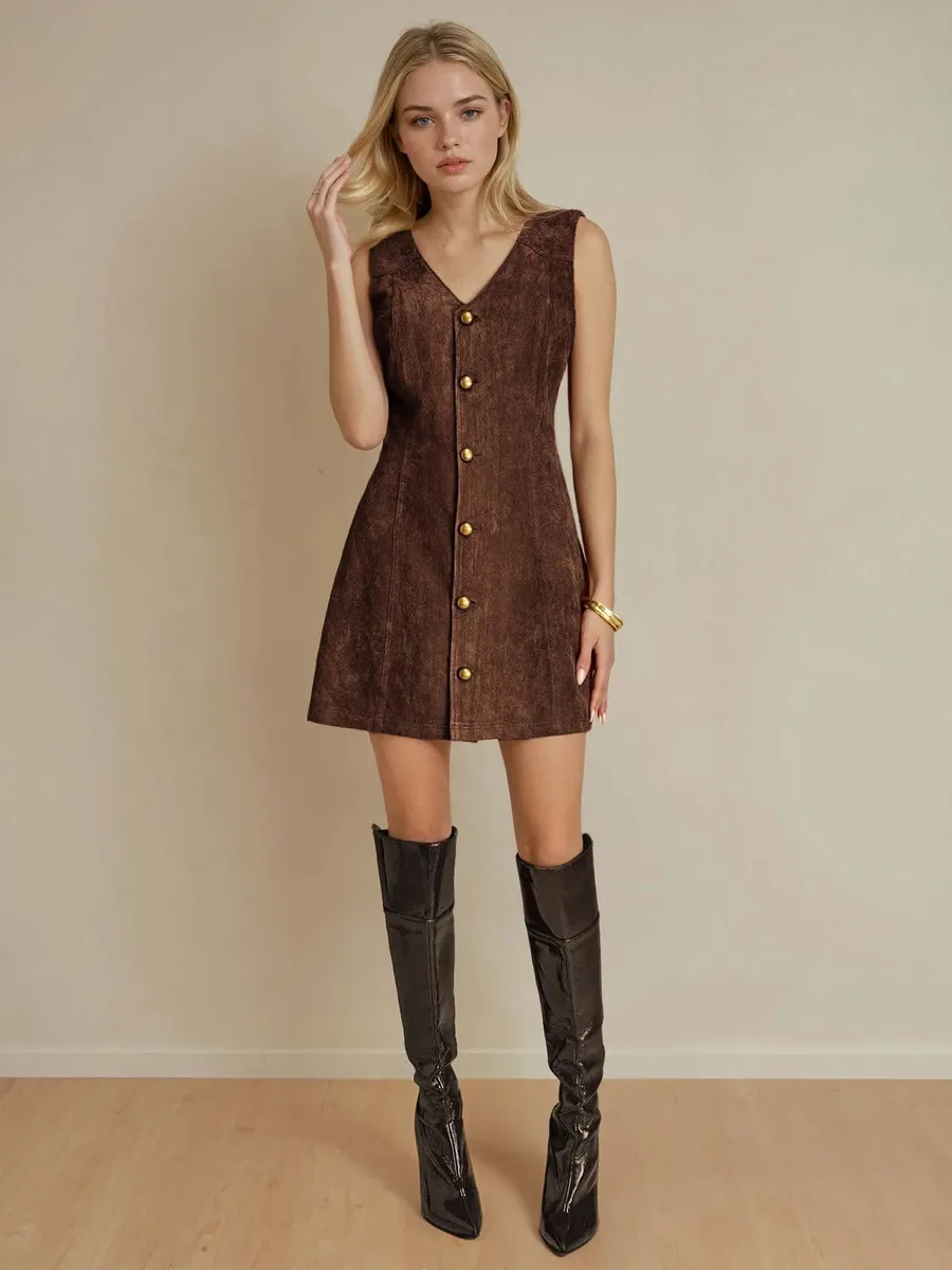 Liv Dress PDF sewing pattern: buttoned faux suede pinafore, view 3 of 3