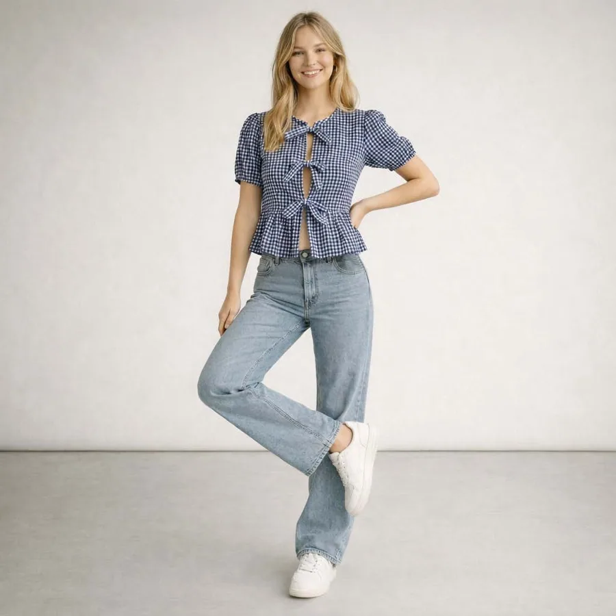 Lola Blouse PDF sewing pattern: bow-tie gingham blouse, view 3 of 3