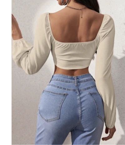 Long Sleeve Crop Top PDF sewing pattern: corset-seamed crop top, back view