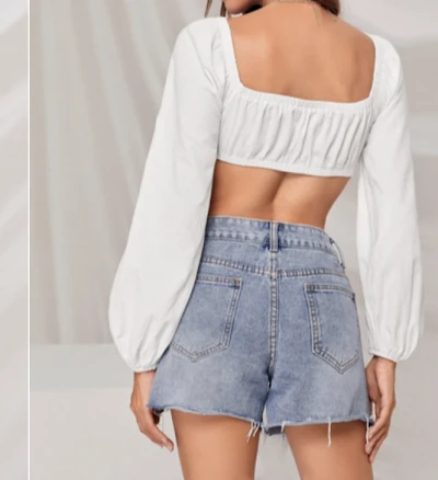 Long Sleeved summer top PDF sewing pattern: tie-front crop top, back view
