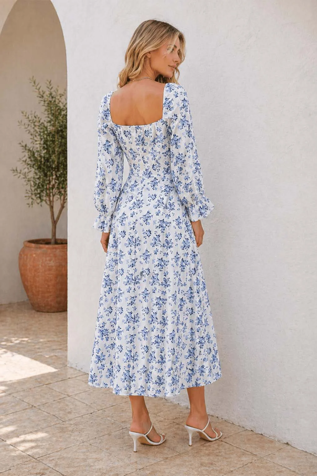 Louise Dress PDF sewing pattern: tie-bust floral midi, back view