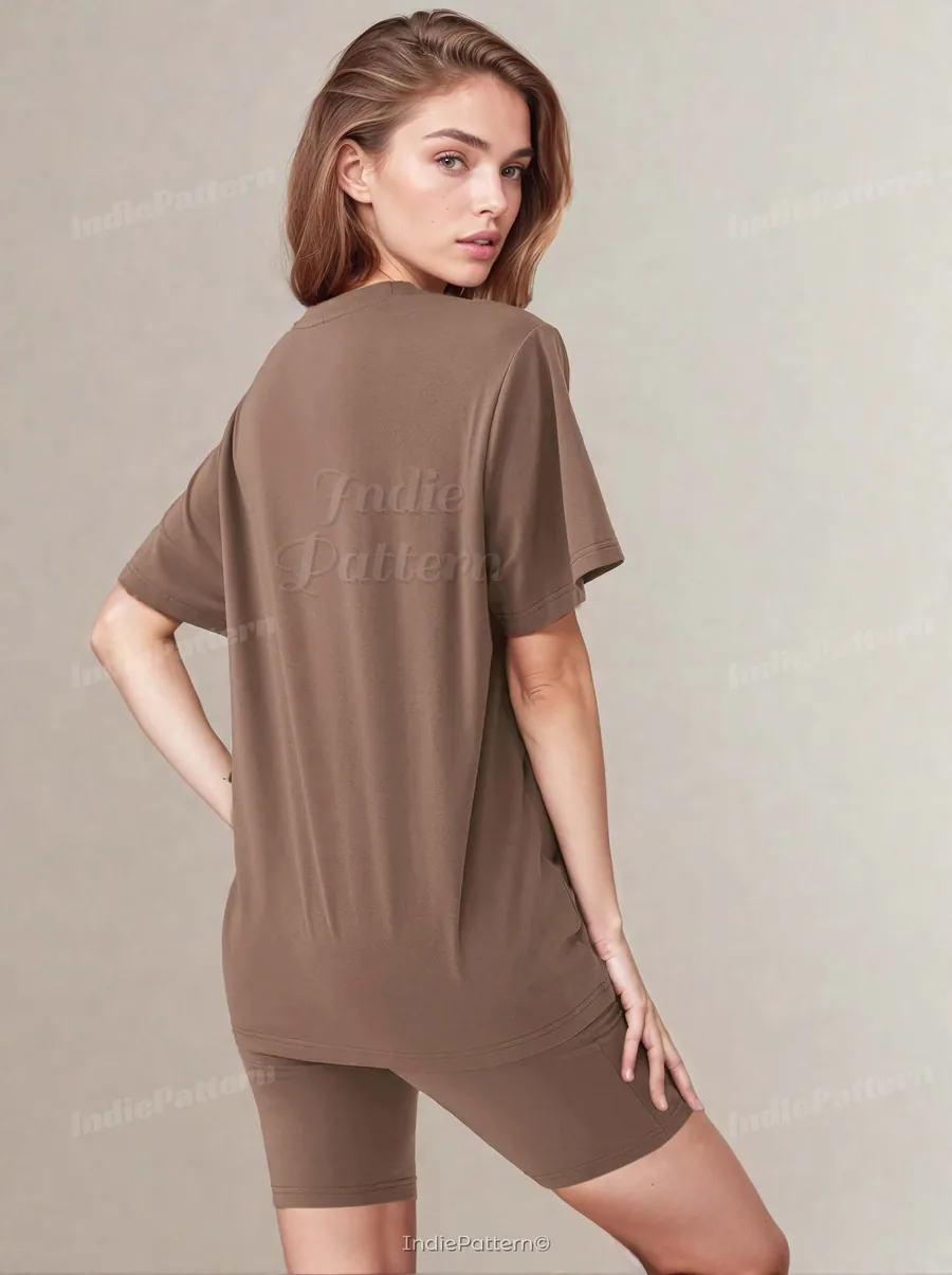 Lounge Set PDF sewing pattern: tee and cycling short set, back view