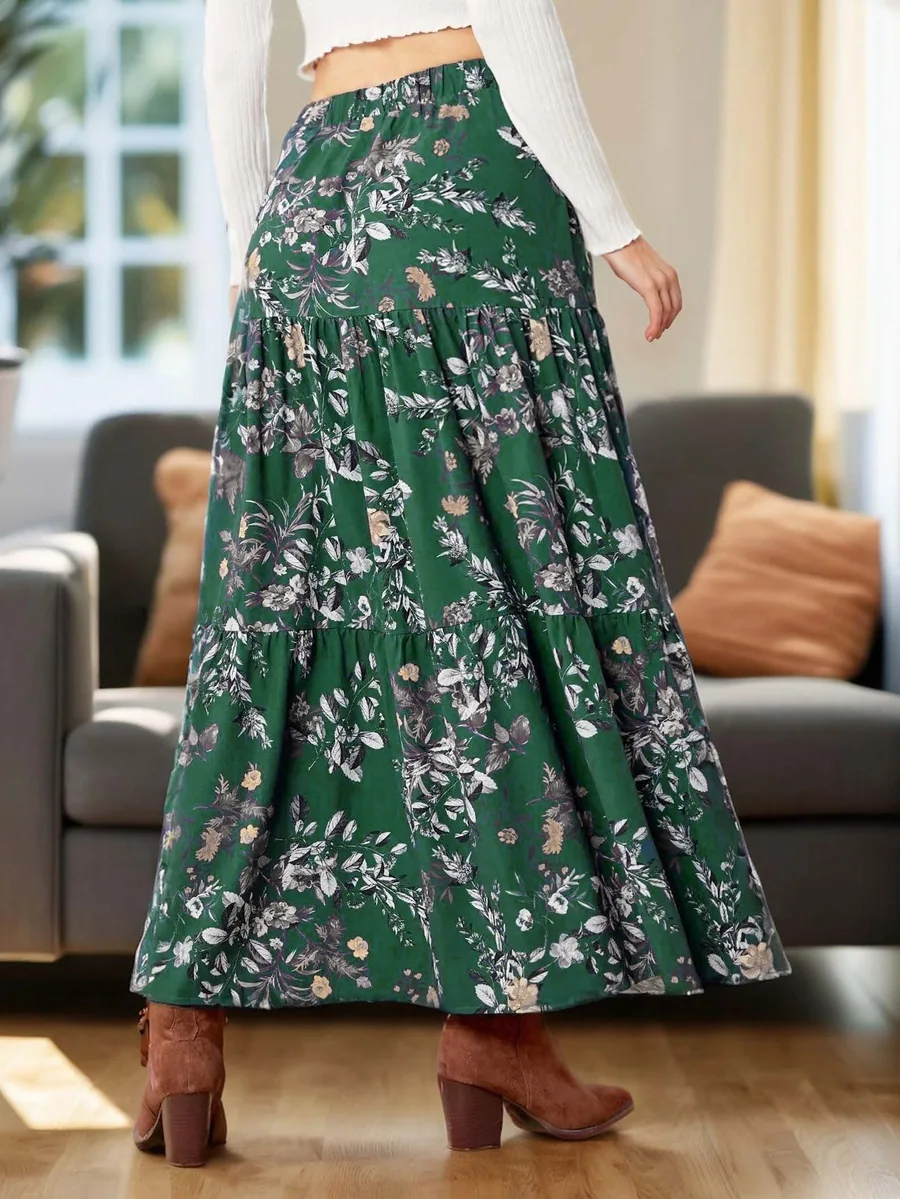Maxi Skirt PDF sewing pattern: tiered floral maxi skirt, back view
