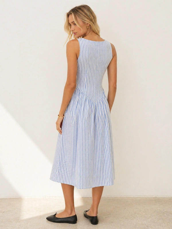 Mia Dress PDF sewing pattern: square neck stripe midi, back view