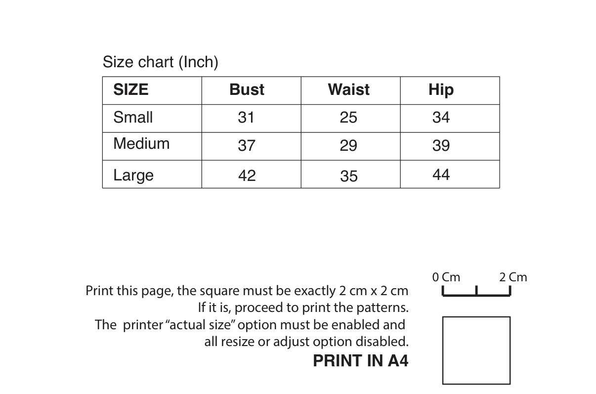 Body measurement chart for the Midi Dress sewing pattern, in inches and centimetres