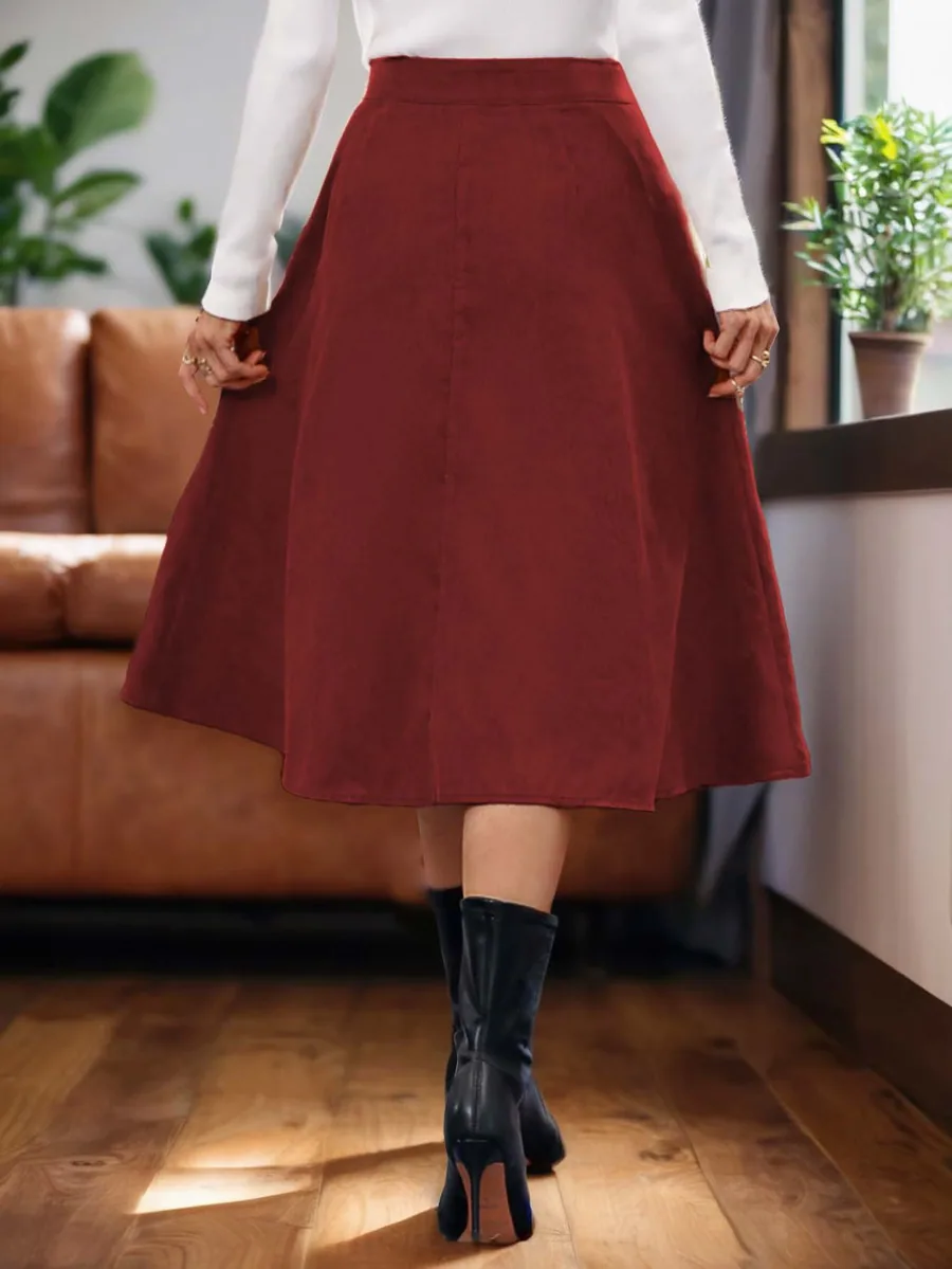 Midi Skirt PDF sewing pattern: buttoned a-line midi skirt, back view