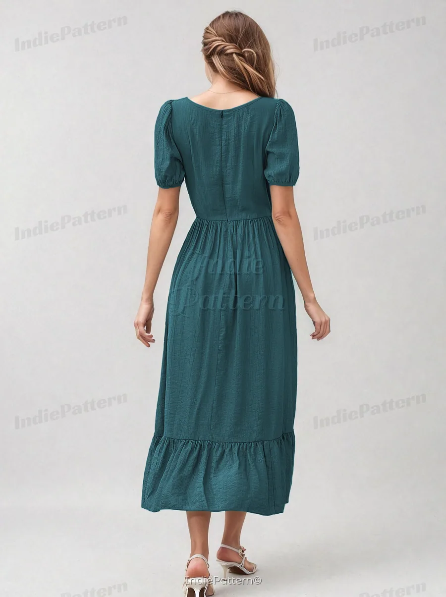 Milkmaid Dress PDF sewing pattern: flounced milkmaid midi, back view