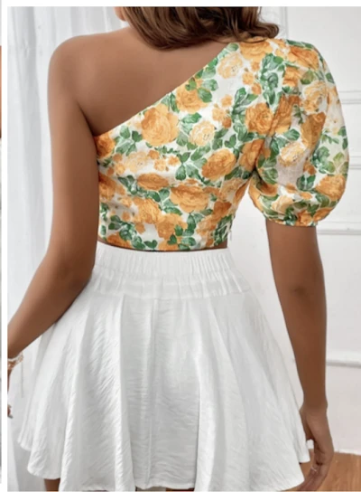 One Shoulder Milkmaid Top PDF sewing pattern: one-shoulder puff top, back view