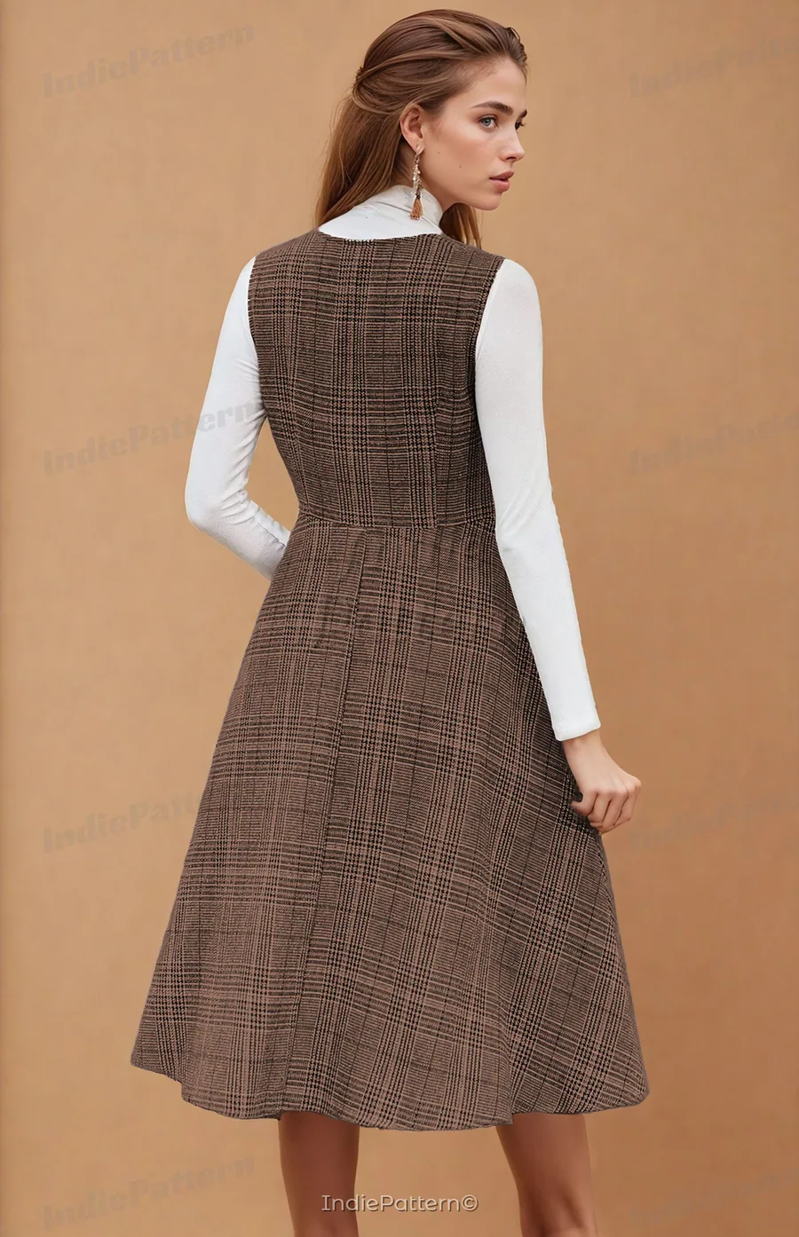 Overall Dress PDF sewing pattern: plaid pinafore midi, back view