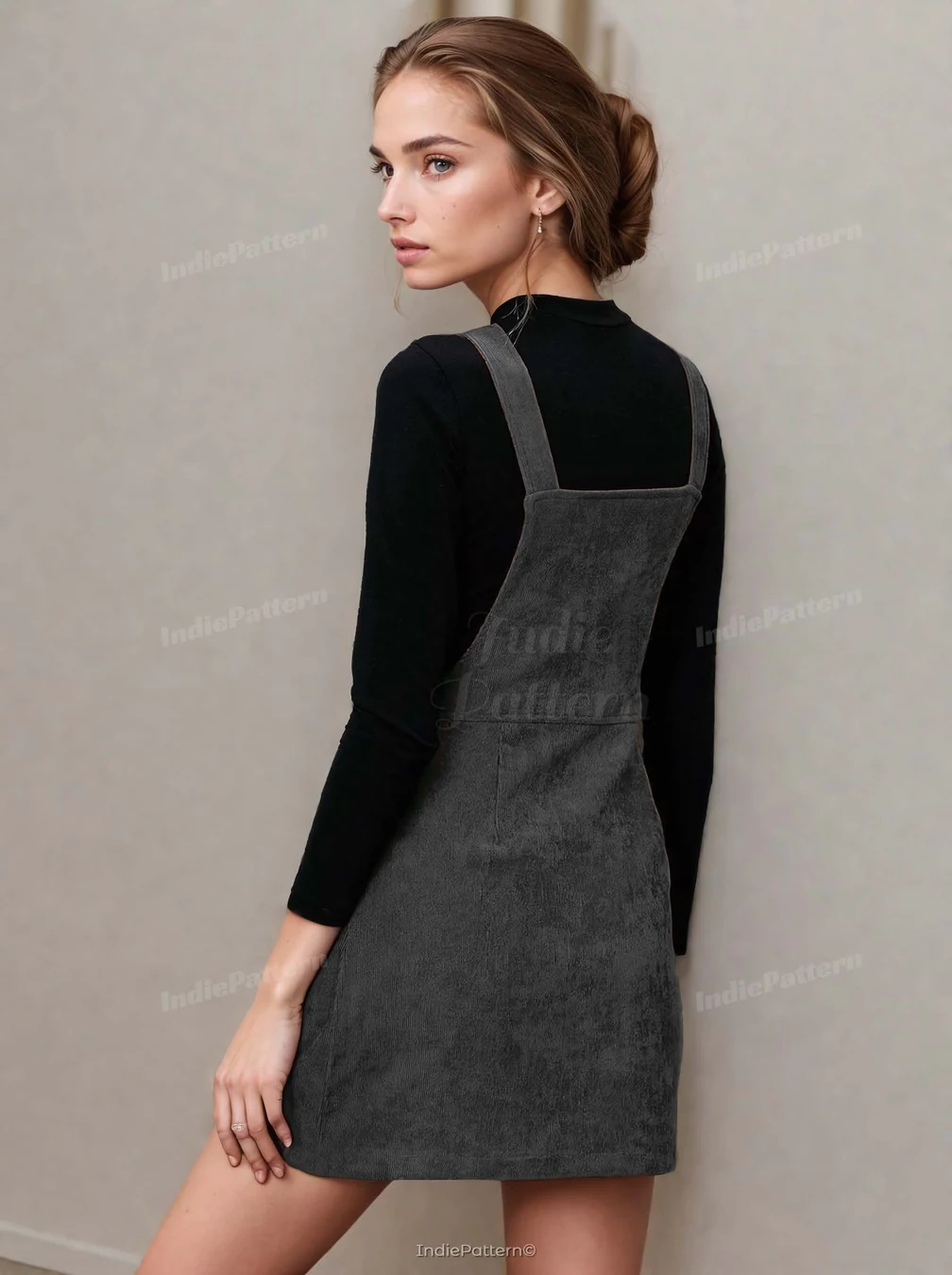Overall Dress PDF sewing pattern: zip-front corduroy pinafore, back view