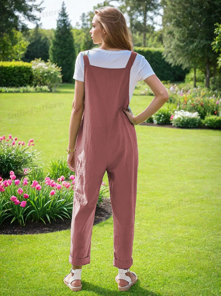 Overalls PDF sewing pattern: bow-strap linen dungarees, back view