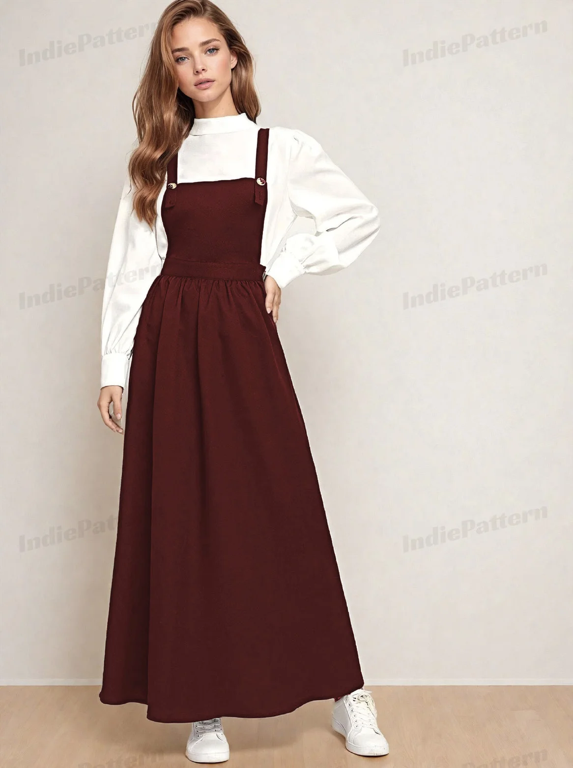 Pinafore Dress PDF sewing pattern: buttoned pinafore maxi, back view
